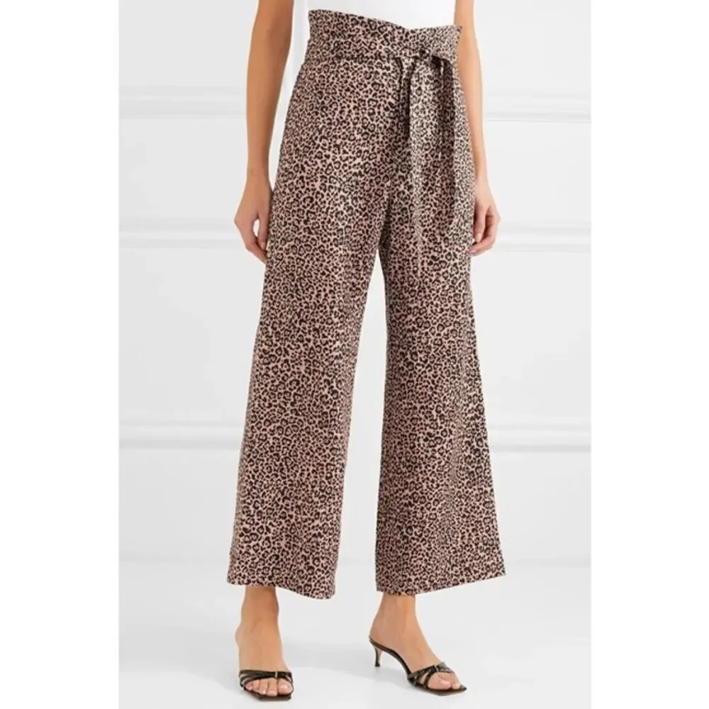 Reformation Jackie Cropped Belted Leopard Print Linen Wide Leg Pants Size 2